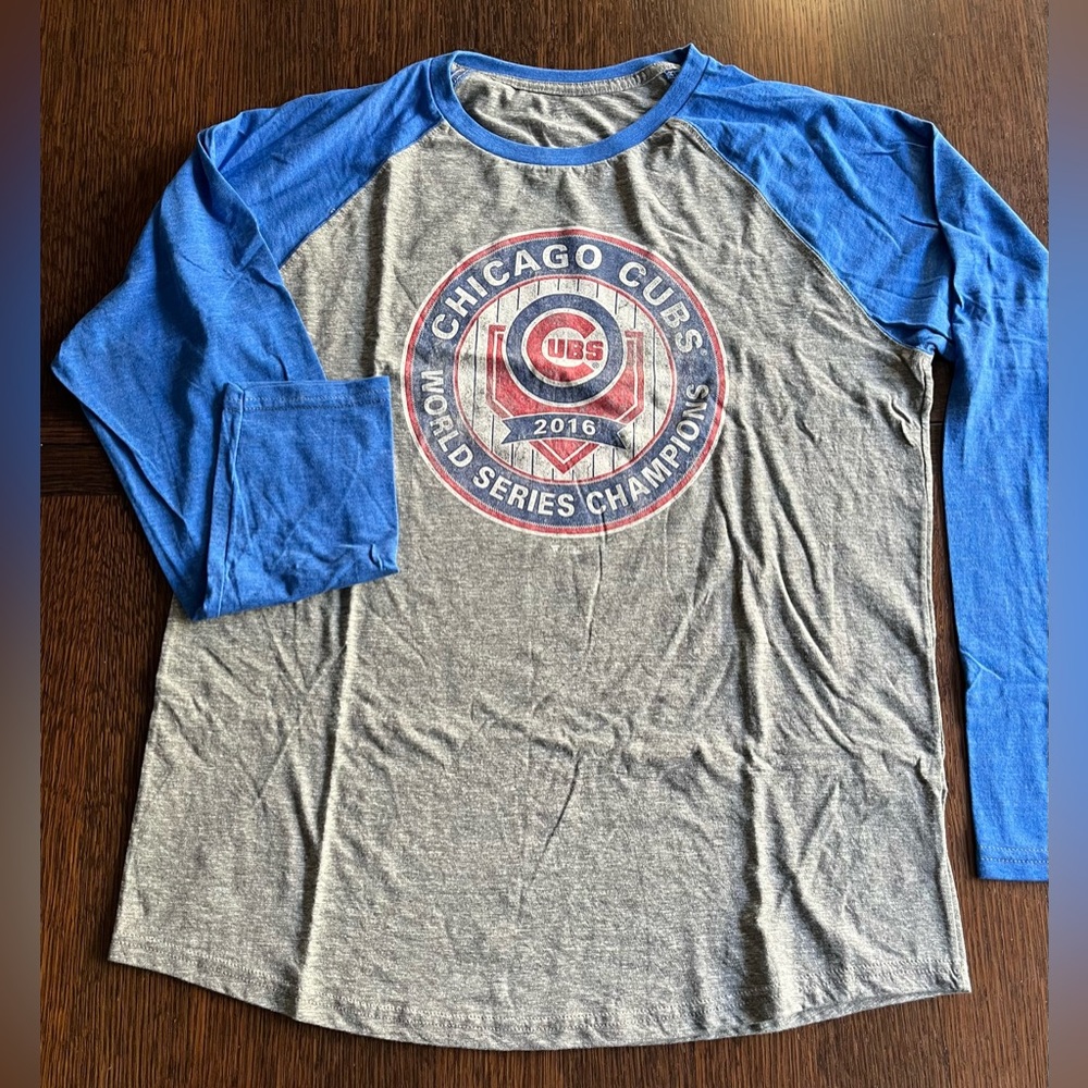 Chicago Cubs World Series Champions 2016 Blue and Gray Raglan Long Sleeve TShirt